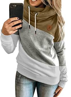 Aleumdr Kapuzenpullover Damen Sweatshirt Hoodie Damen Rollkragen Sweatshirt Pullover Farbblock Hoodie Langarm Kapuzenpulli SweaterDamen für Herbst Winter A Brauen XL von Aleumdr