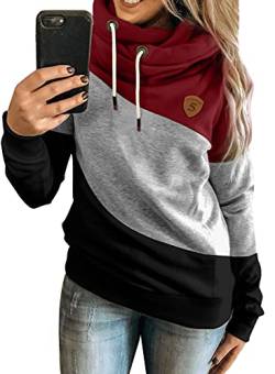 Aleumdr Kapuzenpullover Damen Sweatshirt Hoodie Damen Rollkragen Sweatshirt Pullover Farbblock Hoodie Langarm Kapuzenpulli SweaterDamen für Herbst Winter A Rot XL von Aleumdr