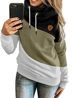 Aleumdr Kapuzenpullover Damen Sweatshirt Hoodie Damen Rollkragen Sweatshirt Pullover Farbblock Hoodie Langarm Kapuzenpulli SweaterDamen für Herbst Winter A Schwarz XL von Aleumdr