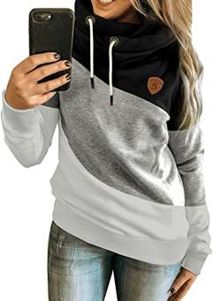 Aleumdr Kapuzenpullover Damen Sweatshirt Hoodie Damen Rollkragen Sweatshirt Pullover Farbblock Hoodie Langarm Kapuzenpulli SweaterDamen für Herbst Winter A Schwarz2 XL von Aleumdr