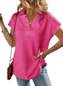 Aleumdr Poloshirt Damen Locker Basic V Ausschnitt Oversize Shirt Elegant Bluse für Damen Kurzarm Casual Oberteile Rosa Größe X-Groß X-Large von Aleumdr