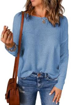 Aleumdr Pullover Damen Elegant Langarmshirts Basic Strickpullover Damen Langarm Oberteil Damen Sweatshirt Oversized Leichter Pullover für Damen Einfarbig Pulli，Blau XL von Aleumdr