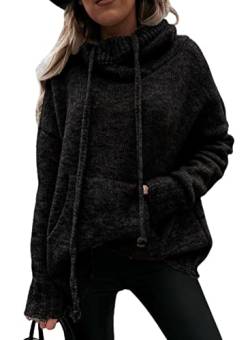 Aleumdr Pullover Damen Elegant Rollkragenpullover Oversize Kapuzenpullover Hoodie Damen Langarm Sweatshirts Herbst Strickpullover Damen Rollkragen Winterpullover Strickpulli,Schwarz L von Aleumdr