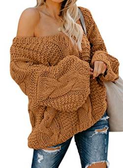 Aleumdr Pullover Damen Elegant Strickpullover Damen Grobstrick Pullover V-Ausschnitt Lose Winter Pulli Damen Schulterfrei Oberteile Causal Stricksweater Festliche Pullover Oversized warm Braun M von Aleumdr