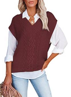 Aleumdr Pullover Damen Elegant Strickpullover Damen Oversize Pullunder Damen Ärmellos Grobstrick Strickweste Damen V-Auschnitt Pullover Herbst Causal Strickpulli Damen Winterpullover,Rot L von Aleumdr