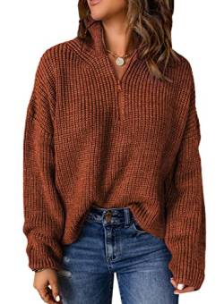 Aleumdr Pullover Damen Oversize Rollkragenpullover Damen Herbst Strickpullover Elegant Winterpullover Reißverschluss Rollkragen Pullover Damen Grobstrick Strickpulli,Rot XXL von Aleumdr