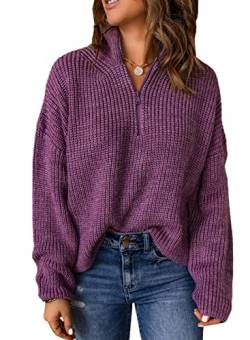 Aleumdr Pullover Damen Oversize Rollkragenpullover Damen Herbst Strickpullover Elegant Winterpullover Reißverschluss Rollkragen Pullover Damen Grobstrick Strickpulli,Violett S von Aleumdr