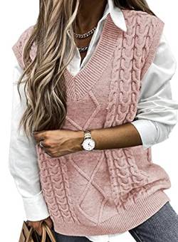 Aleumdr Pullover Damen V-Ausschnitt Pullunder Damen Ärmellos Strickwesten Damen Elegant Strickpullover Oversize Damen Gestrickt Pullover Grobstrick Herbst StrickpulliWinterpullover，Pink S von Aleumdr