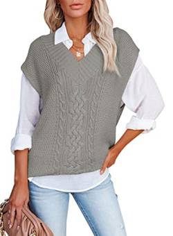 Aleumdr Pullunder Damen ärmellos Strickweste Damen Oversize Pullover Damen Elegant Strickpullover Strickpulli mit V-Ausschnitt Casual Damen Herbst Pullover Winterpullover,Grau M von Aleumdr