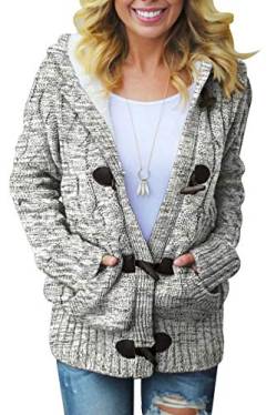 Aleumdr Strickjacke Damen Kapuzenjacke Dicke Samt Gestrickt Knopf Strickjacke Outwear gefüttert Zopfmuster robstrick mit Kapuze Cardigan Dunkelgrau L von Aleumdr