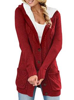 Aleumdr Strickjacke Damen mit Kapuze Lange Strickjacke Damen Cardigan Grobstrick Winter Stickpullover für Damen Strickmantel Dicke Kaputzenjacken gefüttert Slim Fit Fleecejacke mit Taschen,Rot L von Aleumdr