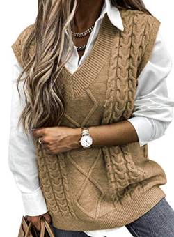 Aleumdr Strickweste Damen V-Ausschnitt Pullunder Damen ärmellos Pullover Elegant Strickpullover Damen Strickweste Grobstrick Oversize Winterpullover Strickpulli,Khaki L von Aleumdr