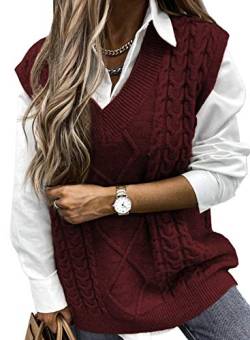 Aleumdr Strickweste Damen Weste Strick Damen Ärmelloser Pullunder Strickweste Vest Strick Sweater Weste für Business und Freizeit Frühling Herbst Rot S von Aleumdr