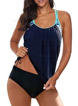 Aleumdr Tankini Damen Bauchweg Bademode Set Zweiteilig Tankinis Push up Sommer Badeanzug Damen Sportlich Tankini Set Zwei Stück Badeanzüge für Damen Bikini Set Swimsuit mit Cups,Dunkelblau XL von Aleumdr