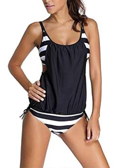 Aleumdr Tankini Damen bauchweg Bademode Set zweiteilig Push up mit Einstellbarer Bikinislip Tankini Top Soft Cups, Schwarz gro?e Streifen, Large(EU44-EU46) von Aleumdr