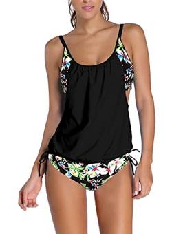 Aleumdr Tankini Damen bauchweg Bademode Set zweiteilig Push up mit Einstellbarer Bikinislip Tankini Top Soft Cups, Schwarz und Blumen, Large(EU44-EU46) von Aleumdr