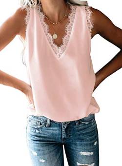 Aleumdr Top Damen Sexy Top V-Ausschnitt Top mit Spitze Ärmellose Tank Top Weste Slip Sommer Strand Vest Top Bluse Pink M von Aleumdr