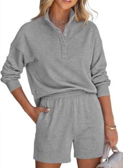 Aleumdr Trainingsanzug Damen Hausanzug Loungewear Damen Set Zweiteiler Tracksuit Polo Hoodie und Kurze Sporthose mit Taschen Grau Größe L von Aleumdr