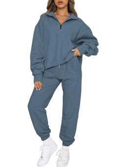 Aleumdr Zweiteiler Damen Lang Trainingsanzug Damen Jogginganzug Set Sweatshirt mit Reißverschluss und Hose Elegant Freizeitanzug Damen Zweiteiler Set Sport Hosenanzug，Blau S von Aleumdr