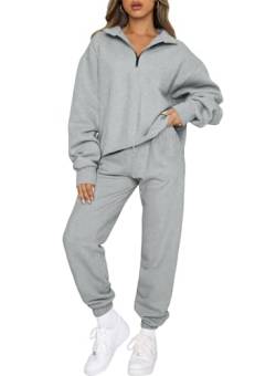 Aleumdr Zweiteiler Damen Lang Trainingsanzug Damen Jogginganzug Set Sweatshirt mit Reißverschluss und Hose Elegant Freizeitanzug Damen Zweiteiler Set Sport Hosenanzug，Grau XXL von Aleumdr