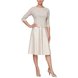 Alex Damen Tea Length Sequin Mock Dress (Petite And Regular) Kleid fr besondere Anlsse, Taupe Spitze, 42 EU von Alex
