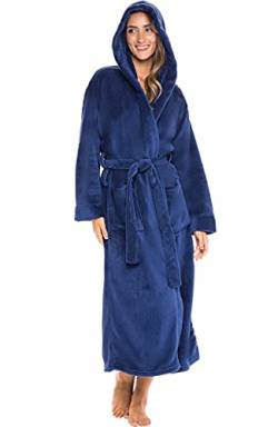 Alexander Del Rossa Damen Plüsch / Fleece Bademantel mit Kapuze, Warm, Solider Bademantel - Blau - Large-X-Large von Alexander Del Rossa