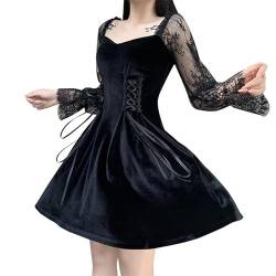 Algasan Abendkleid Cosplay Partykleid Schwarzes Gothic Kleid Cocktailkleid Spitze Kreuz Anhänger Kleid Lace Kleid langärmliges Kleid von Algasan