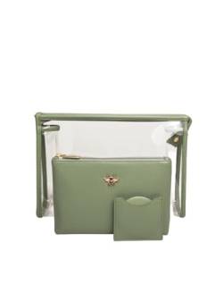 Luxuriöses 3-teiliges Kosmetiktaschen-Make-up-Geschenkset, Reiseetui mit rundem Kompaktspiegel in einer passenden veganen Ledertasche., graugrün, Elegant von Alice Wheeler