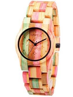Alienwork Armbanduhr Damen Mehrfarbig Holz-Armband Natur-Bambus Handgefertigt von Alienwork