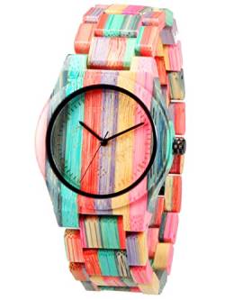 Alienwork Armbanduhr Damen Mehrfarbig Holz-Armband Natur-Bambus Handgefertigt von Alienwork