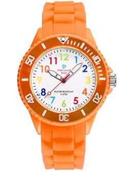 Alienwork Kids Lernuhr Kinderuhr Mädchen Uhrzeit Lernen Orange Silikon-Armband Mehrfarbig Kinder-Uhr Wasserdicht 5 ATM Zeit Lernen von Alienwork