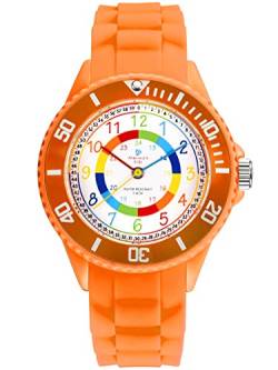 Alienwork Kids Lernuhr Kinderuhr Mädchen Uhrzeit Lernen Orange Silikon-Armband Mehrfarbig Kinder-Uhr Wasserdicht 5 ATM Zeit Lernen von Alienwork