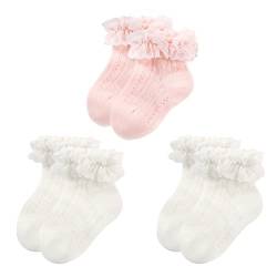 Alileo 3 Paare Baby Mädchen Socken mit Rüschen Spitze Babysocken Kindersocken Baumwolle Taufe Socken Prinzessin Söckchen für Baby Kinder Mädchen, Weiß+Rosa, 0-12 Monate von Alileo