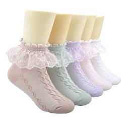 Alileo 5 Paar Kinder Socken Romantic Lace Baumwolle Mädchen Sneaker Söckchen mit Rüschen Spitze für 1-15 Jahre Baby und Kinder Mädchen von Alileo