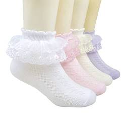 Aliles Mädchen Kinder Socken Romantic Lace Baumwolle Kinder rosa blau Weiß Socken mit Rüschen Spitze Kindersocken Atmungsaktiv dünn 4 Paar von Aliles