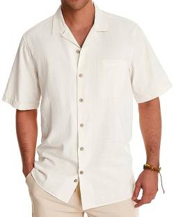 Alimens & Gentle Herren Baumwolle Leinen Hemden Kurzarm Button Down Shirts Sommer Strand Hawaiihemd für Männer, A-cremiges Weiß, 6X-Groß von Alimens & Gentle