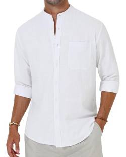 Alimens & Gentle Herren Baumwolle Leinen Hemden Langarm Button Down Hemd Band Kragen Strand Hemden, Farbe: Weiß, 5X-Groß von Alimens & Gentle