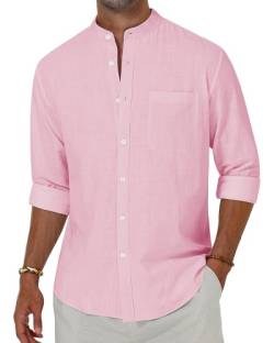 Alimens & Gentle Herren Baumwolle Leinen Hemden Langarm Button Down Hemd Band Kragen Strand Hemden, Pink, L von Alimens & Gentle