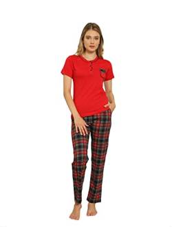 Alimer 2555 Damen Schlafanzüg Baumwolle Pyjama Set Zweiteiliger Hausanzug Sleepwear Damenpyjama Set Langarm Nachtwäsch Freizeitanzug (Rot/Schwarz (2556), XL) von Alimer