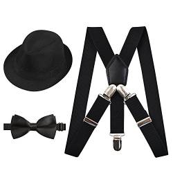 2,5 cm elastische Hosenträger 3-Clip-Hosenträger und Fliege mit Hut für Kinder-Schwarz von Alizeal