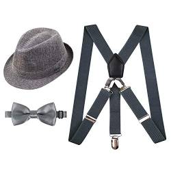 2,5 cm elastische Hosenträger 3-Clip-Hosenträger und Fliege mit Hut für Kindergrau von Alizeal