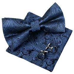 Alizeal Herren Hochzeit Paisley Gebundene Fliege, Einstecktuch und Manschettenknöpfe Set, Navy von Alizeal