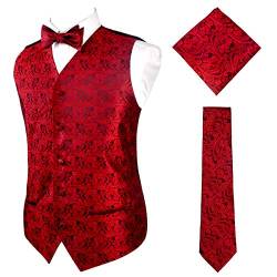 Alizeal Herren Klassische 4pc Paisley Jacquard Weste Anzug Weste Set, Rotwein-3XL von Alizeal