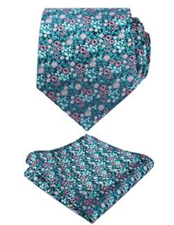 Alizeal Herren-Krawatte mit Einstecktuch, klein, Blumenmuster, stilvoll, einzigartig für Business, Hochzeit, Party, Krawatten-Set, 142 - Blaugrün + Rosa + Weiß, Einheitsgröße von Alizeal