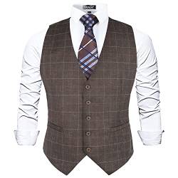 Alizeal Herren Plaid Business Anzug Weste V-Ausschnitt Regular Fit Karierte Smoking Weste, Walnuss Braun-L von Alizeal