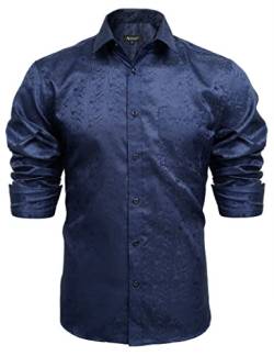 Alizeal Herren Retro Klassische Paisley Jacquard Slim Fit Kleid Shirt Langarm Knopfverschluss Shirt, Dunkel Marine-S von Alizeal