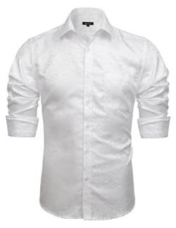 Alizeal Herren Retro Klassische Paisley Jacquard Slim Fit Kleid Shirt Langarm Knopfverschluss Shirt, Weiß-S von Alizeal