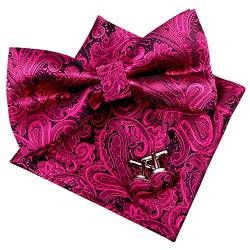 Alizeal Herren Retro Paisley vorgebundene Fliege, Einstecktuch und Manschettenknöpfe Set, Heiß pink von Alizeal