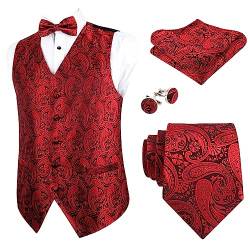 Alizeal Herren Weste Krawatte Hanky Manschettenknöpfe und Fliege Set Paisley Classic 5pc, Rotwein-3XL von Alizeal