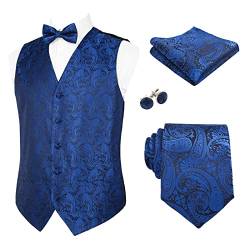 Alizeal Herren Weste Krawatte Hanky Manschettenknöpfe und Fliege Set Paisley Classic 5pc, Royal Blau-S von Alizeal